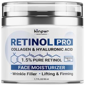 Retinol Pro by Kinpur Organics. Collagen and Hyaluronic Acid. Hydrating and Firming Face Cream for All Skin Types Day and Night Anti Aging Moisturizer