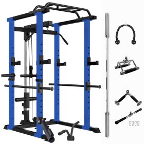 Blue Multi-functional Power Cage, Home Adjustable Pullup Squat Rack 1000 Lbs Capacity Comprehensive Fitness Barbell Rack Olympic Bar
