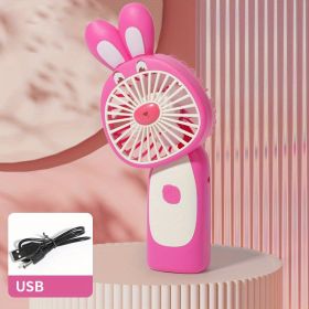 Cartoon Rabbit Handheld Fan USB Rechargeable Mini Small Portable Pocket Desktop Electric (Color: Rose Red)