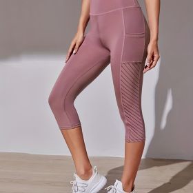 Yoga Capri Pants, Tummy Control High Waist Sports Leggings For Women With Outside Pockets And Mesh Design (Color: Pale Pinkish Gray, size: L(8/10))