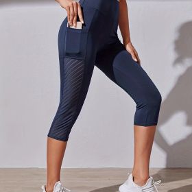 Yoga Capri Pants, Tummy Control High Waist Sports Leggings For Women With Outside Pockets And Mesh Design (Color: Navy blue, size: XL(12))