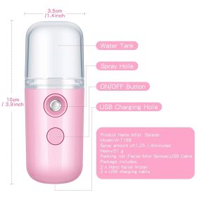 Portable Nano Facial Mister - Handy Steamer for Hydrating and Mist  Eyelash Extensions - 30 ml USB Mist Handy Sprayer for Facial Hydrating (Color: Pink)