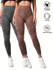 2 Pack Women's Seamless Washed Wide Waistband Sports Leggings, Women's High Waist Yoga Leggings (Color: 2PACK6, size: L)