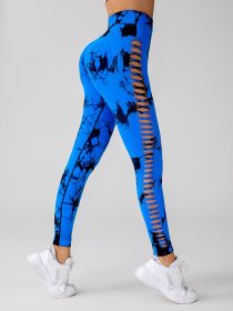 Cut Out Side Hollow Tie Dyed Yoga Pants, High Waist Hip Lifting Fitness Pants Seamless Sports Tights (Color: Blue, size: S)