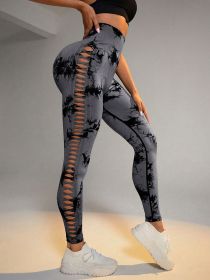 Cut Out Side Hollow Tie Dyed Yoga Pants, High Waist Hip Lifting Fitness Pants Seamless Sports Tights (Color: Dark gray, size: L)