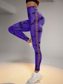 Cut Out Side Hollow Tie Dyed Yoga Pants, High Waist Hip Lifting Fitness Pants Seamless Sports Tights (Color: Purple, size: S)
