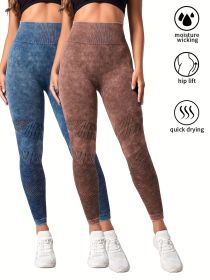 2 Pack Women's Seamless Washed Wide Waistband Sports Leggings, Women's High Waist Yoga Leggings (Color: 2PACK2, size: M)