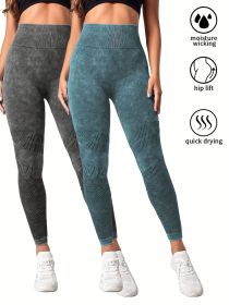 2 Pack Women's Seamless Washed Wide Waistband Sports Leggings, Women's High Waist Yoga Leggings (Color: 2PACK1, size: L)