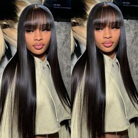 Straight Human Hair Wigs With Bangs Full Machine Made Wig Cheap Brazilian Hair Wigs Short Bob Wigs 3x1 HD Lace Wigs (Density: 150 density, Stretched Length: 30inches)