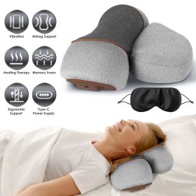 3 In 1 Neck Massager Pillow With Vibration Heating Therapy Airbag Stretching Memory Foam Filling Ergonomic Cervical Massager With Portable Storage Bag (Color: Light Grey)