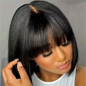 Elegant Straight Bob Human Hair Wig with Bangs - 180% Density, Glueless HD Lace Front, Natural Scalp Coverage, Vacation-Style for Women (Hair Length: 10inch, Color: Black)