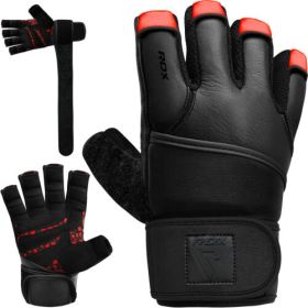 RDX L7 Weight Lifting Leather Gym Gloves (Color: RED/BLACK, size: M+)